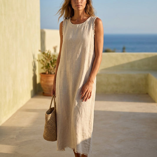 Frayed Edge Linen Long Dress
