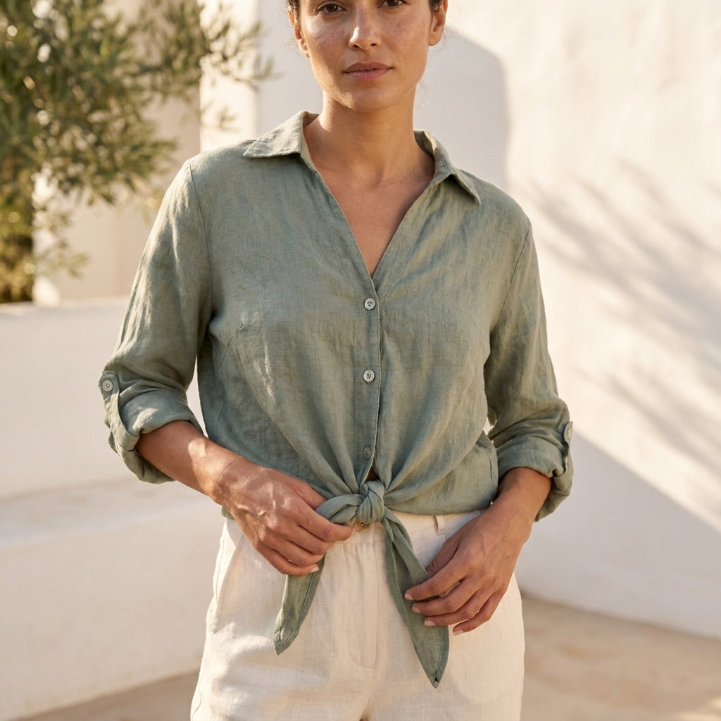 Linen Tie-Front Button-up Shirt